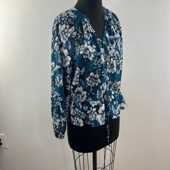 PARKER Blue White Top Floral Puff Sleeve Pleated Drawstring Split Neck Size XS - Picture 4 of 10
